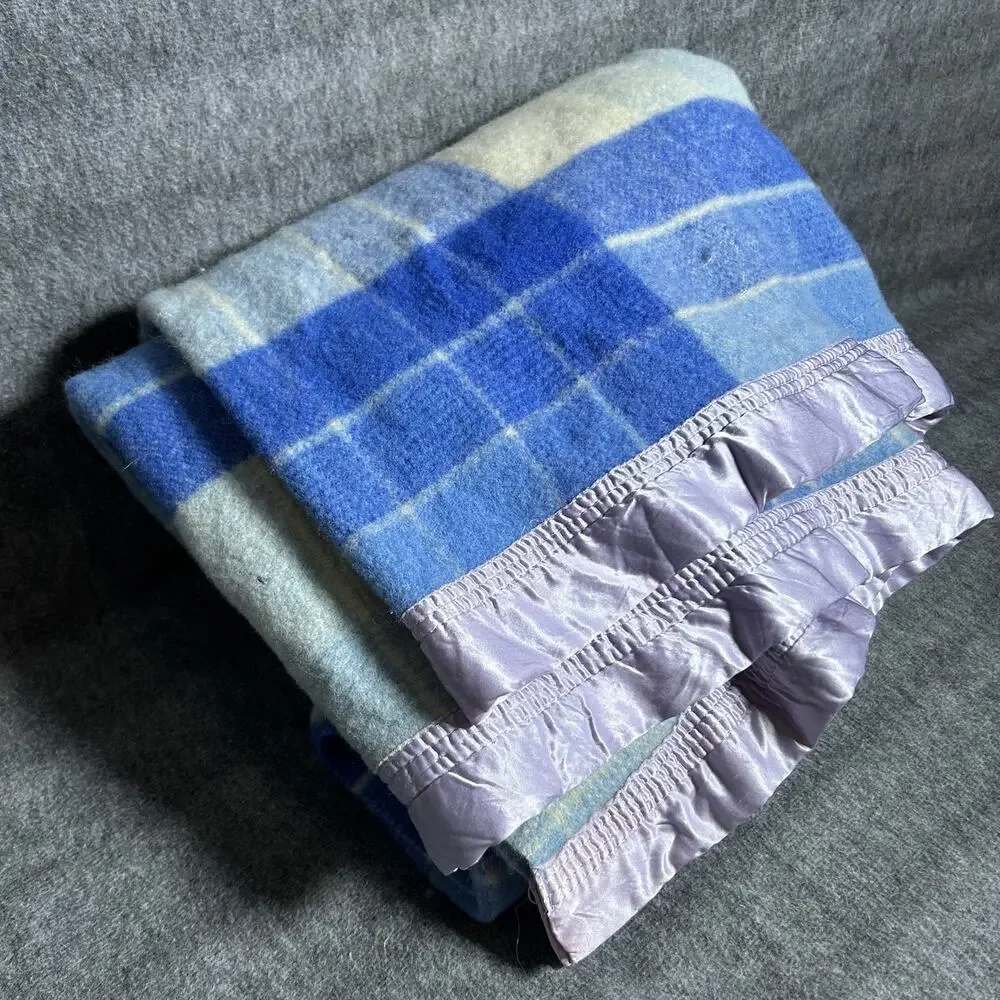 Vintage blue plaid 100% wool blanket satin purple trim, cottage core, classic